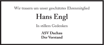 Traueranzeige von Hans Engl von Süddeutsche Zeitung