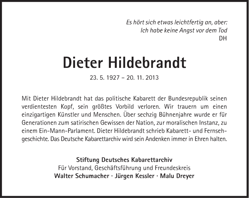  Traueranzeige für Dieter Hildebrandt vom 23.11.2013 aus Süddeutsche Zeitung