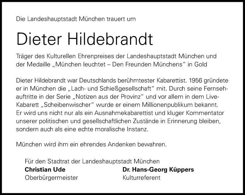  Traueranzeige für Dieter Hildebrandt vom 22.11.2013 aus Süddeutsche Zeitung