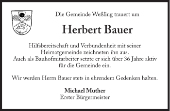 Traueranzeige von Herbert Bauer von Süddeutsche Zeitung