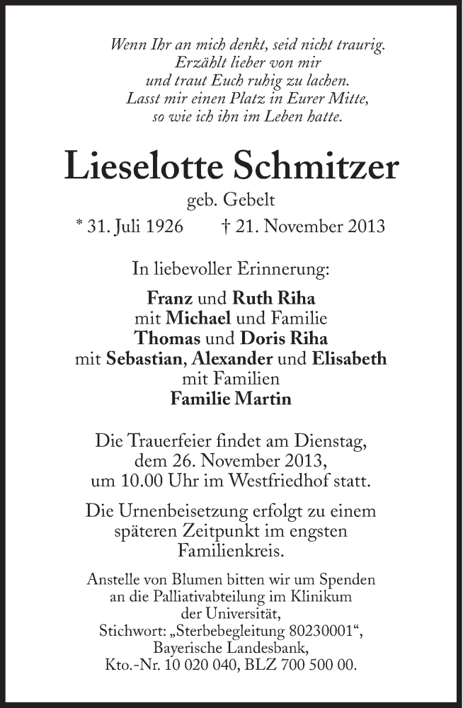  Traueranzeige für Liselotte Schmitzer vom 23.11.2013 aus Süddeutsche Zeitung