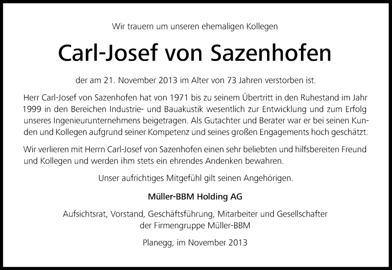 Traueranzeige für Carl-Josef von Sazenhofen  vom 23.11.2013 aus Süddeutsche Zeitung