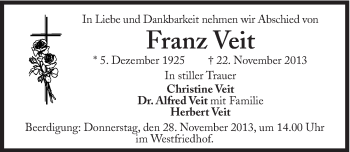 Traueranzeige von Franz Veit von Süddeutsche Zeitung