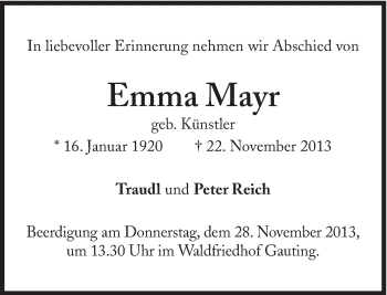 Traueranzeige von Emma Mayr von Süddeutsche Zeitung