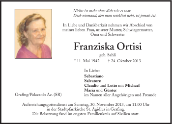 Traueranzeige von Franziska Ortisi von Süddeutsche Zeitung