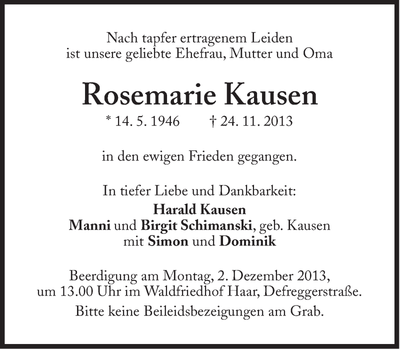  Traueranzeige für Rosemarie Kausen vom 28.11.2013 aus Süddeutsche Zeitung