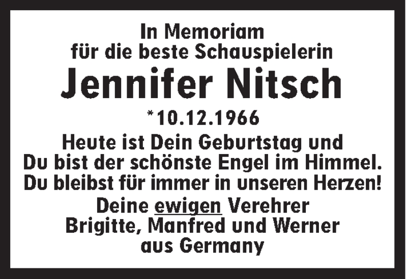  Traueranzeige für Jennifer Nitsch vom 10.12.2013 aus Süddeutsche Zeitung