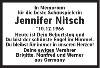 Traueranzeige von Jennifer Nitsch von Süddeutsche Zeitung