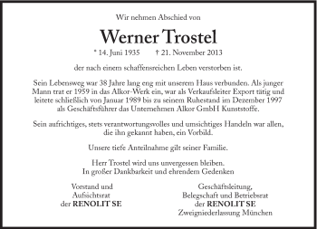 Traueranzeige von Werner Trostel von Süddeutsche Zeitung