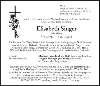 Traueranzeige von Elisabeth Singer von Süddeutsche Zeitung