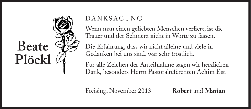 Traueranzeige für Beate Plöckl vom 30.11.2013 aus Süddeutsche Zeitung