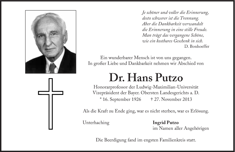  Traueranzeige für Hans Putzo vom 04.12.2013 aus Süddeutsche Zeitung