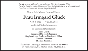 Traueranzeige von Irmgard Glück von Süddeutsche Zeitung