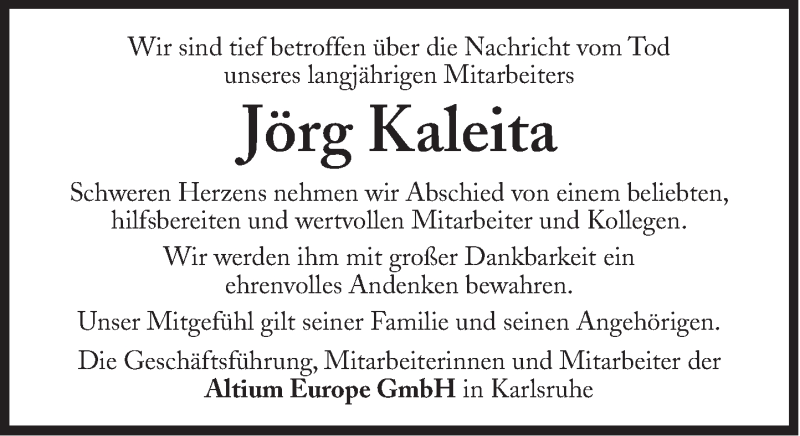  Traueranzeige für Jörg Kaleita vom 07.12.2013 aus Süddeutsche Zeitung