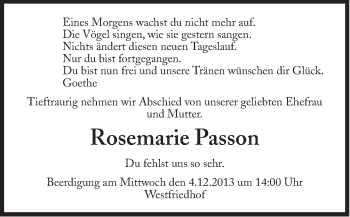 Traueranzeige von Rosemarie Passon von Süddeutsche Zeitung