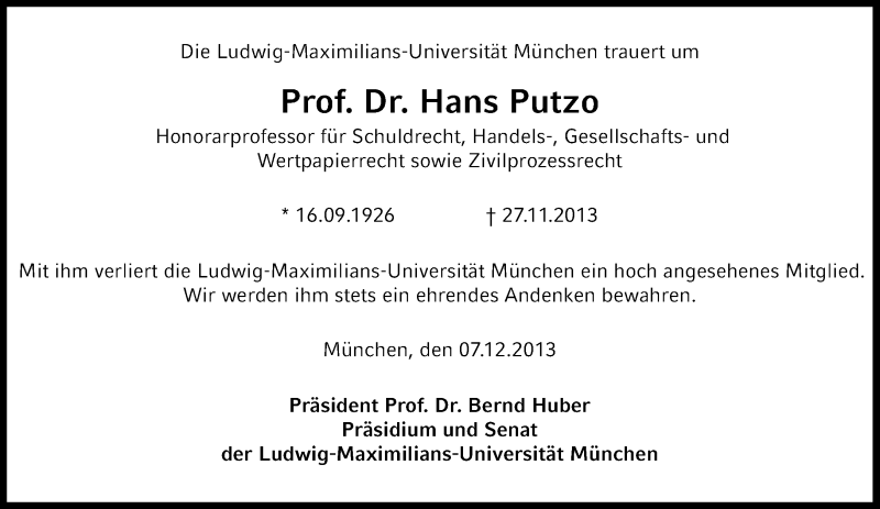  Traueranzeige für Hans Putzo vom 07.12.2013 aus Süddeutsche Zeitung