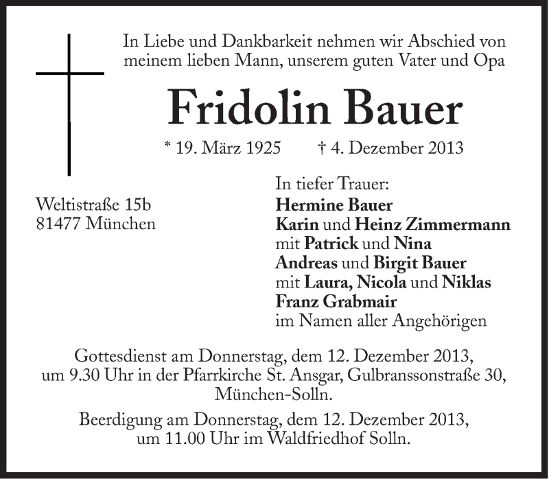  Traueranzeige für Fridolin Bauer vom 09.12.2013 aus Süddeutsche Zeitung