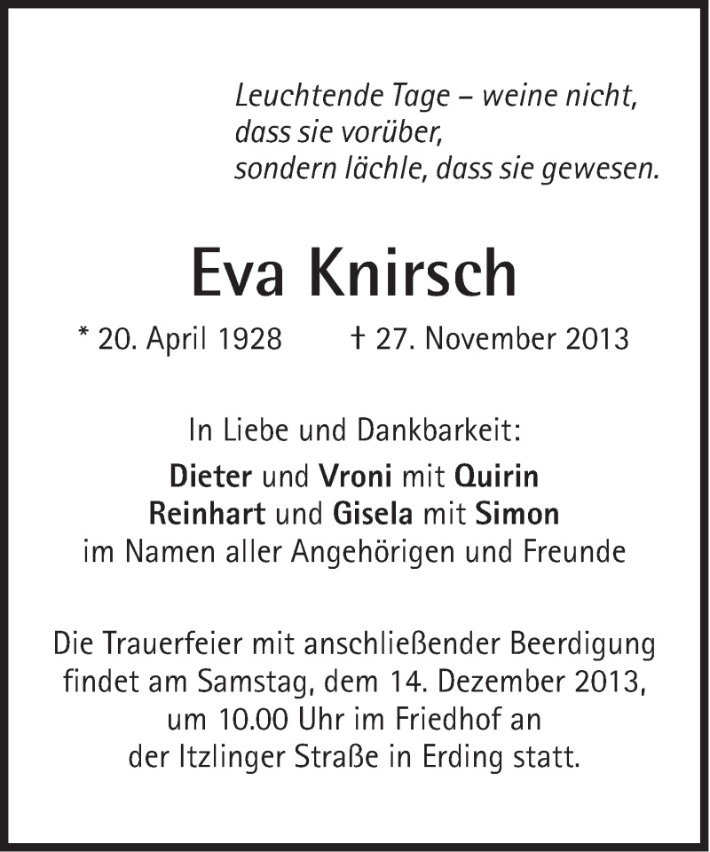  Traueranzeige für Eva Knirsch vom 10.12.2013 aus Süddeutsche Zeitung