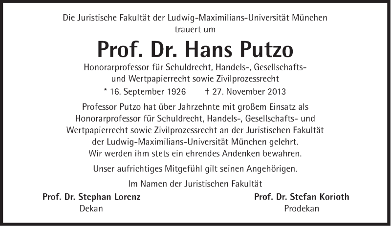  Traueranzeige für Hans Putzo vom 11.12.2013 aus Süddeutsche Zeitung