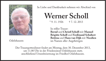 Traueranzeige von Werner Scholl von Süddeutsche Zeitung