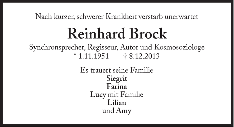  Traueranzeige für Reinhard Brock vom 14.12.2013 aus Süddeutsche Zeitung