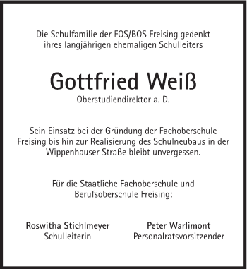 Traueranzeige von Gottfried Weiß von Süddeutsche Zeitung