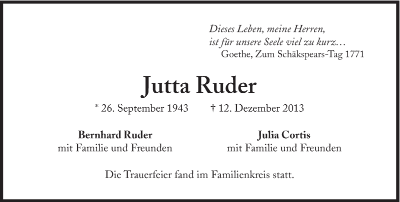  Traueranzeige für Jutta Ruder vom 21.12.2013 aus Süddeutsche Zeitung
