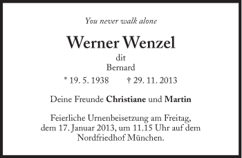 Traueranzeige von Werner Wenzel von Süddeutsche Zeitung