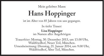 Traueranzeige von Hans Hoppinger von Süddeutsche Zeitung