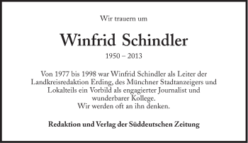 Traueranzeige von Winfrid Schindler von Süddeutsche Zeitung