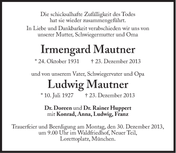 Traueranzeige von Irmengard und Ludwig Mautner von Süddeutsche Zeitung