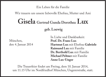 Traueranzeige von Gisela Gertrud Gunda Dorothea Lux von Süddeutsche Zeitung