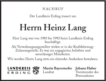 Traueranzeige von Heinz Lang von Süddeutsche Zeitung