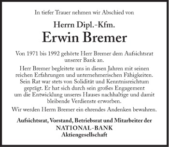 Traueranzeige von Erwin Bremer von Süddeutsche Zeitung