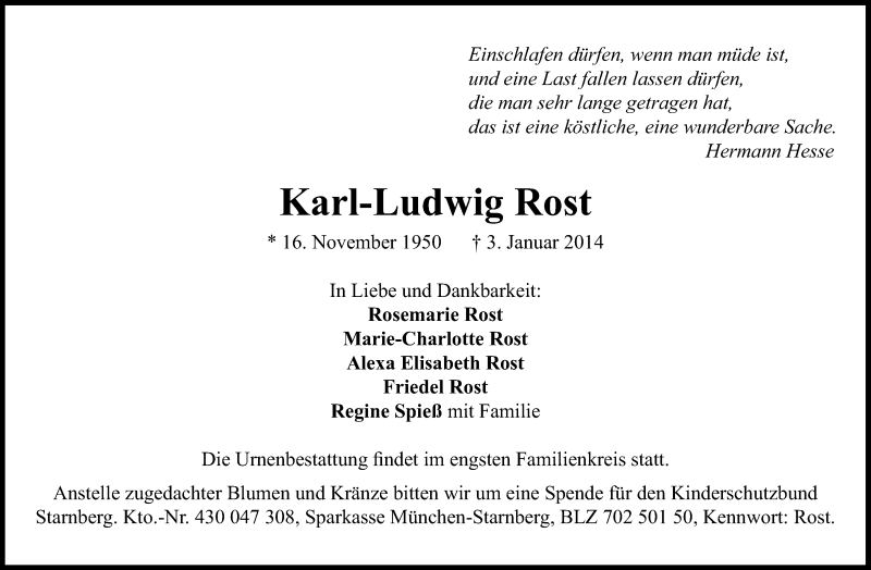  Traueranzeige für Karl-Ludwig Rost vom 07.01.2014 aus Süddeutsche Zeitung