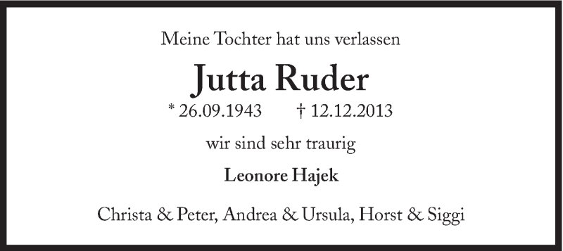  Traueranzeige für Jutta Ruder vom 11.01.2014 aus Süddeutsche Zeitung