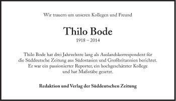 Traueranzeige von Thilo Bode von Süddeutsche Zeitung