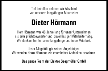 Traueranzeige von Dieter Hörmann von Süddeutsche Zeitung