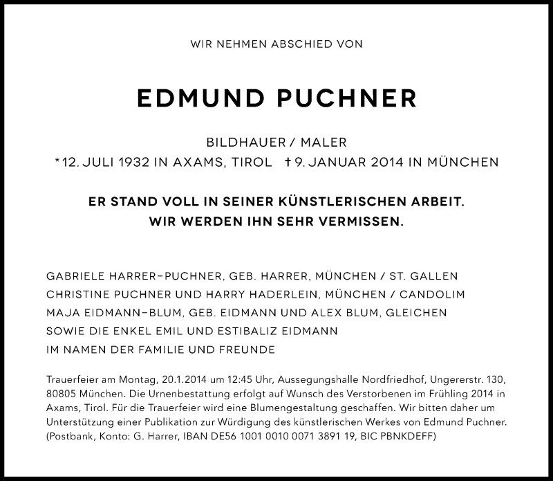  Traueranzeige für Edmund Puchner vom 15.01.2014 aus Süddeutsche Zeitung