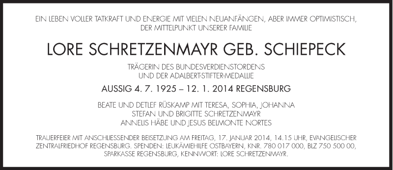  Traueranzeige für Lore Schretzenmayr vom 15.01.2014 aus Süddeutsche Zeitung