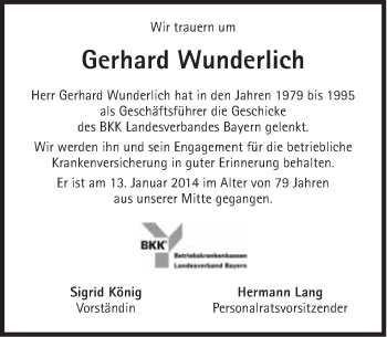 Traueranzeige von Gerhard Wunderlich von Süddeutsche Zeitung