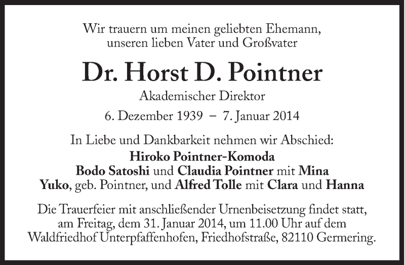  Traueranzeige für Horst Pointner vom 25.01.2014 aus Süddeutsche Zeitung