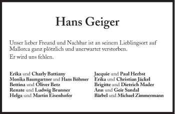 Traueranzeige von Hans Geiger von Süddeutsche Zeitung