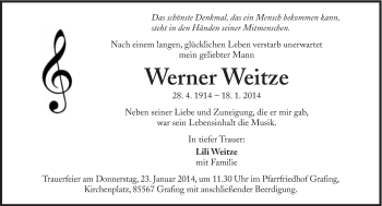 Traueranzeige von Werner Weitze von Süddeutsche Zeitung