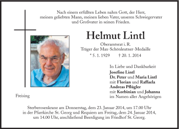 Traueranzeige von Helmut Lintl von Süddeutsche Zeitung