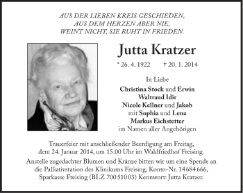 Traueranzeige von Jutta Kratzer von Süddeutsche Zeitung