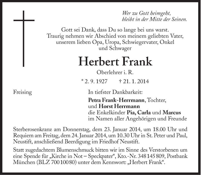  Traueranzeige für Herbert Frank vom 23.01.2014 aus Süddeutsche Zeitung
