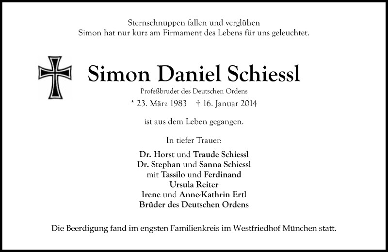  Traueranzeige für Simon Daniel Schiessl vom 25.01.2014 aus Süddeutsche Zeitung