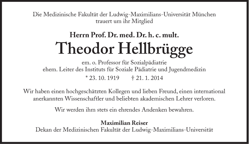  Traueranzeige für Theodor Hellbrügge vom 25.01.2014 aus Süddeutsche Zeitung