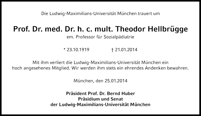  Traueranzeige für Theodor Hellbrügge vom 25.01.2014 aus Süddeutsche Zeitung